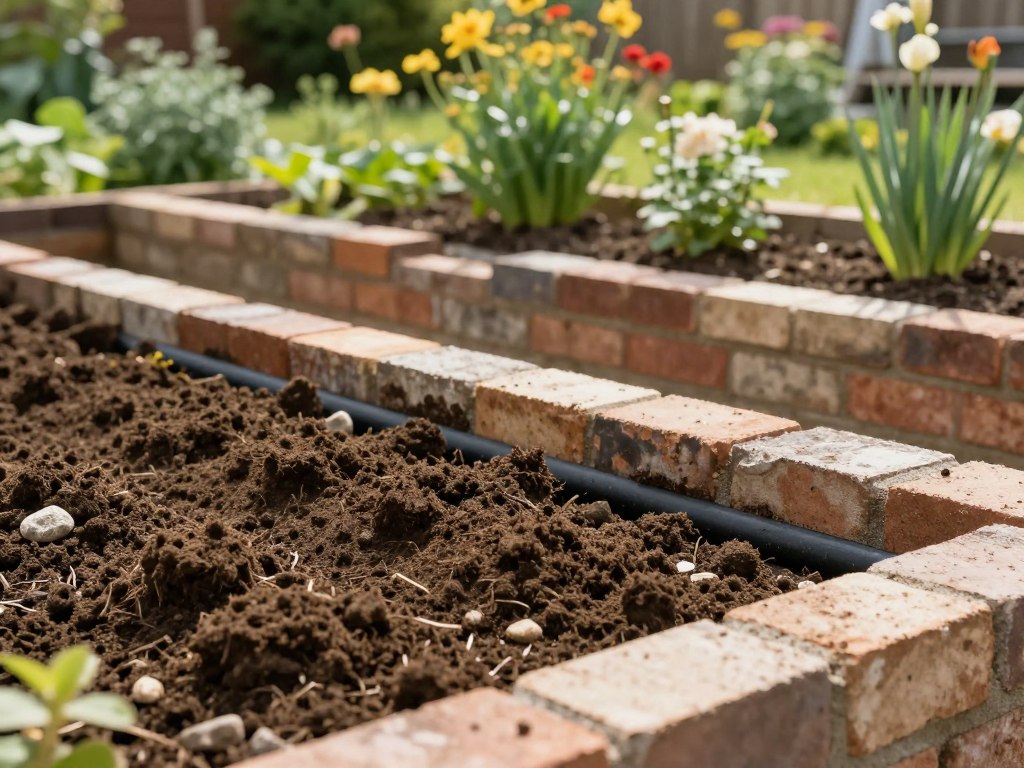 Fundament und Drainage bei Beeteinfassung aus Ziegeln Fundament und Drainage bei Beeteinfassung aus Ziegeln