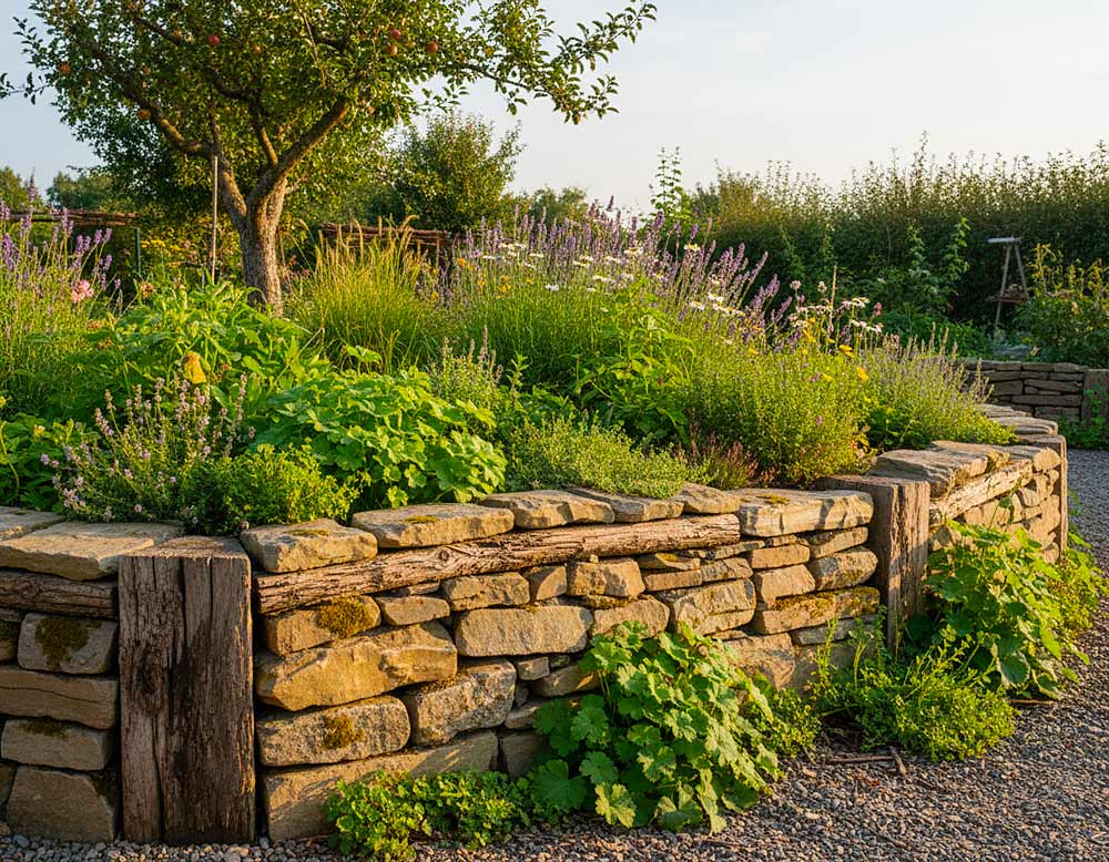 Rustikale Beetumrandung im Naturgarten Rustikale Beetumrandung im Naturgarten