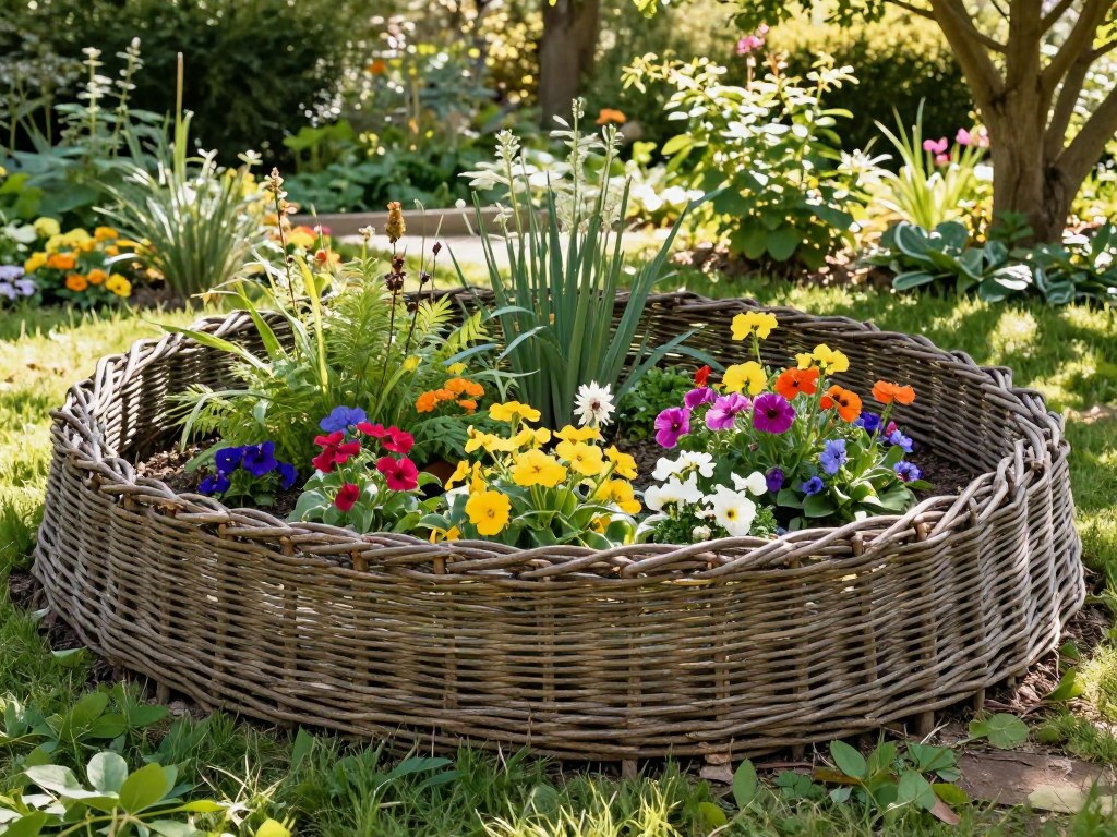 Weide als ökologische Beetumrandung aus Holz im Garten Weide als ökologische Beetumrandung aus Holz im Garten