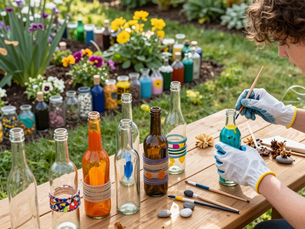 Glasflaschen dekorieren für Beetumrandung Glasflaschen dekorieren für Beetumrandung