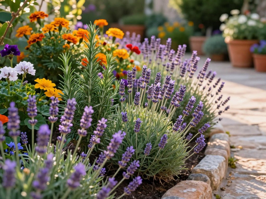 Duftende Kräuter Lavendel und Rosmarin als Beetbegrenzung im mediterranen Garten Duftende Kräuter Lavendel und Rosmarin als Beetbegrenzung im mediterranen Garten