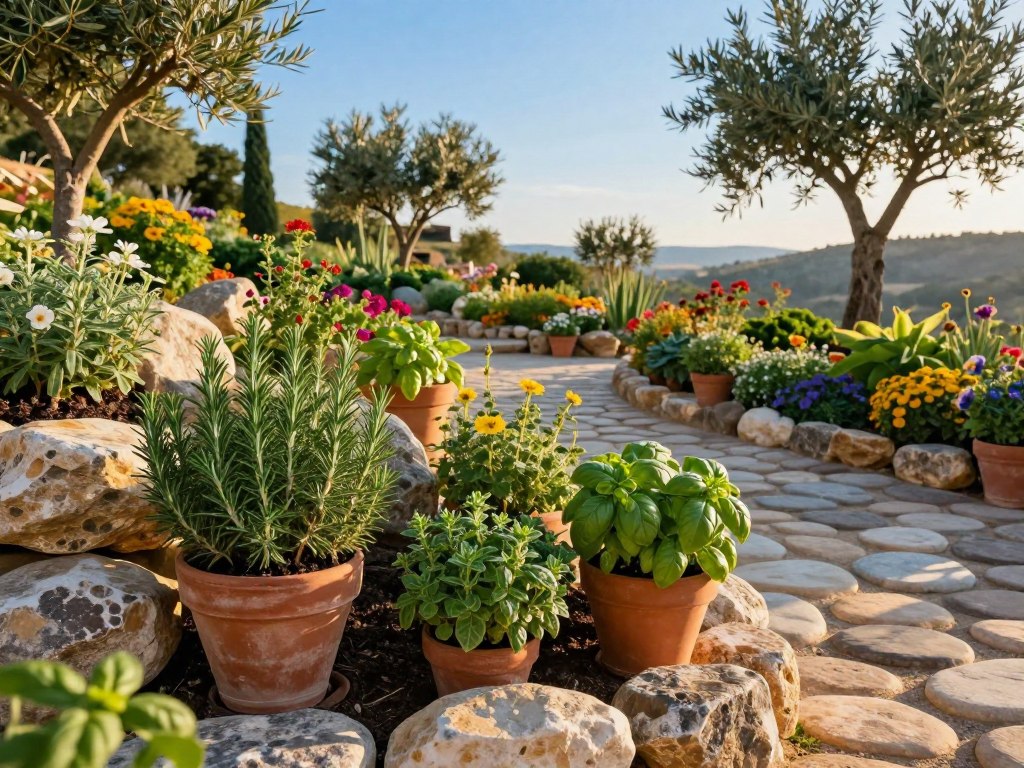 Mediterrane Beetumrandung mit Natursteinen und Pflanzen Mediterrane Beetumrandung mit Natursteinen und Pflanzen