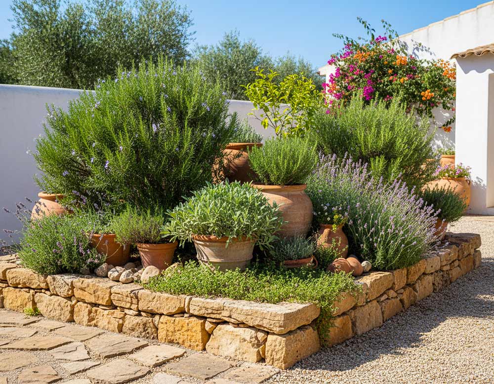 Mediterrane Beetumrandung: Stein, Terrakotta und duftende Kräuter kombinieren Mediterrane Beetumrandung: Stein, Terrakotta und duftende Kräuter kombinieren