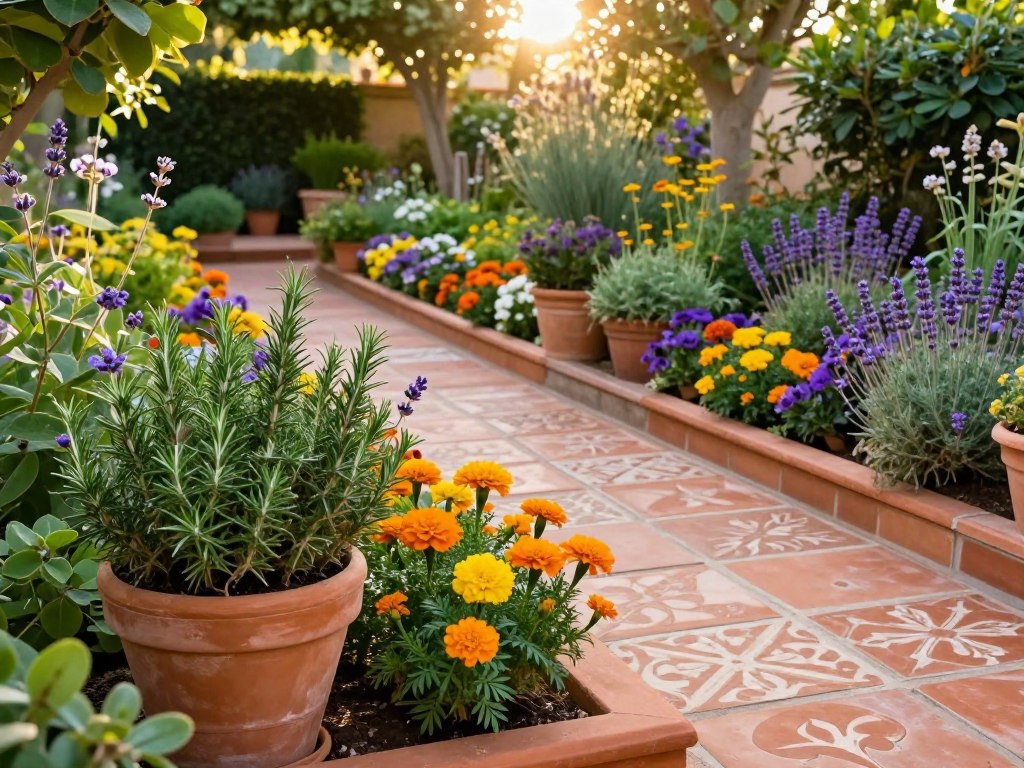 Terrakotta Beetumrandung im mediterranen Garten Terrakotta Beetumrandung im mediterranen Garten